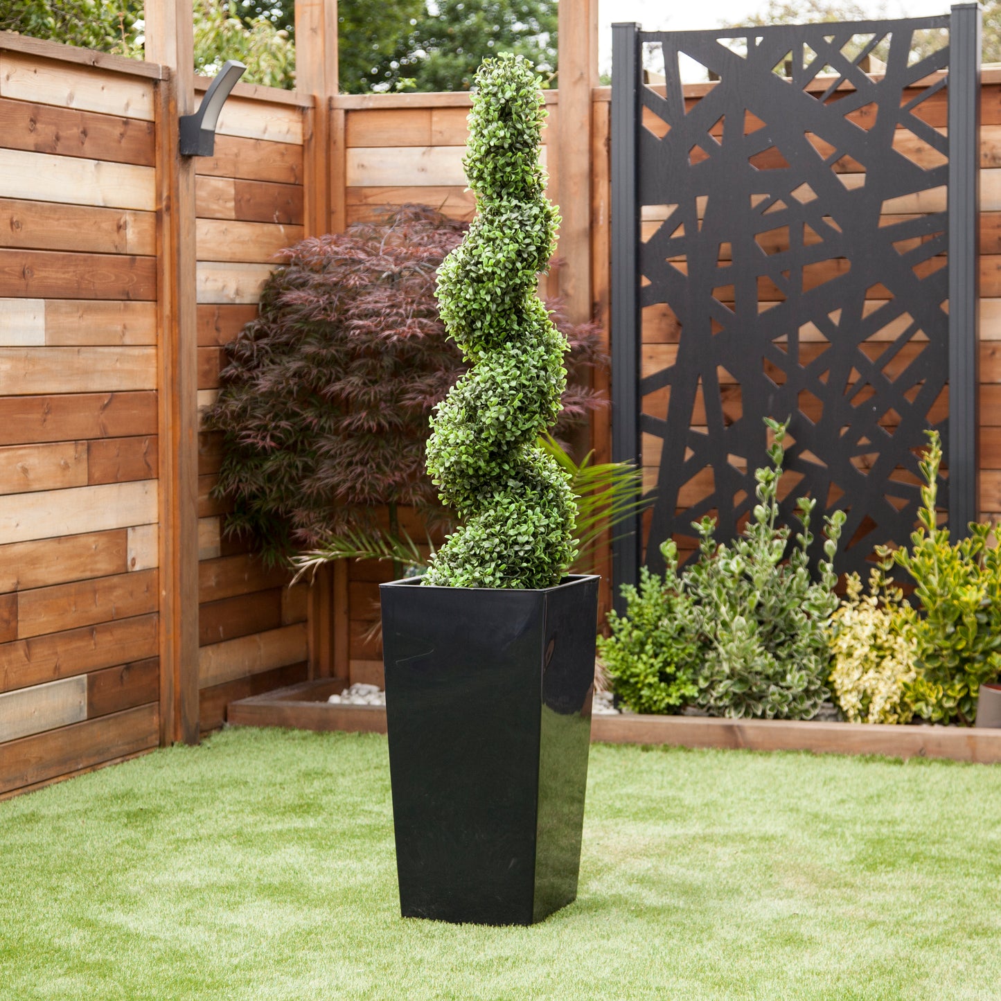 Artificial Buxus Spiral Topiary and Black Planter