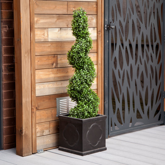 Artificial Buxus Spiral Topiary and Black Square Planter
